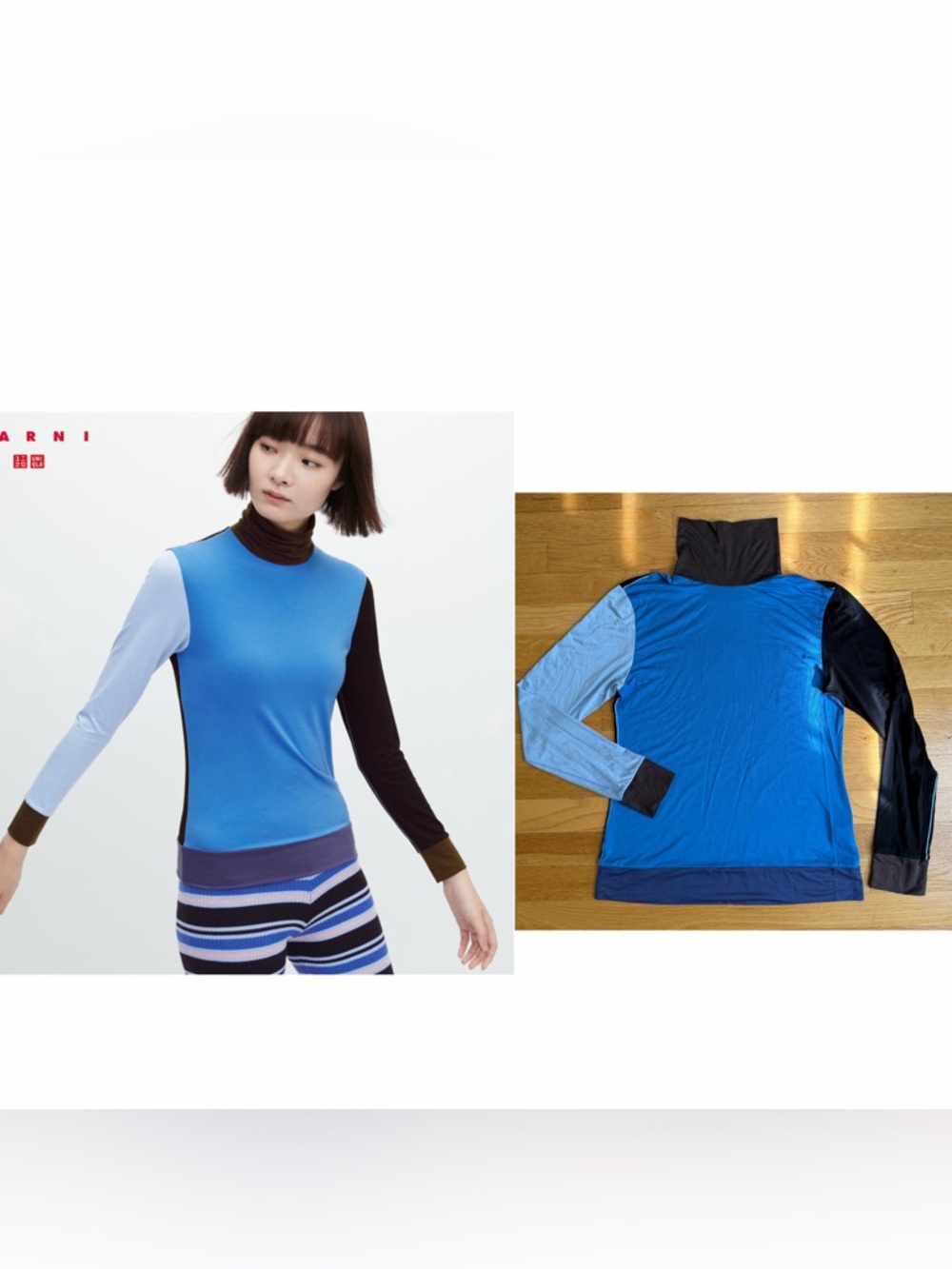 Uniqlo x MARNI Heattech Blue Colorblock Long Sleeve Turtleneck - L